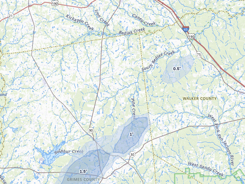 NEXRAD radar-signature map of the hail storm over Bedias, TX on Apr 22, 2026