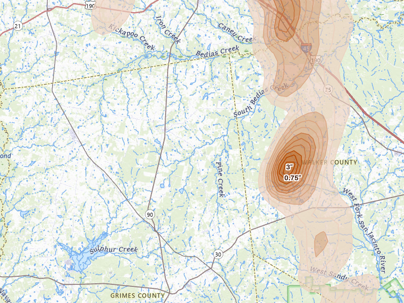 Radar-estimated hail-size map of the storm over Bedias, TX on May 10, 2026