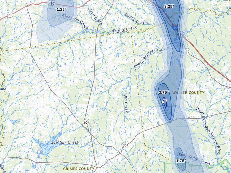 NEXRAD radar-signature map of the hail storm over Bedias, TX on May 10, 2026