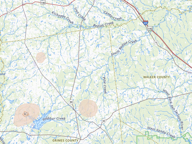 Radar-estimated hail-size map of the storm over Bedias, TX on May 25, 2026