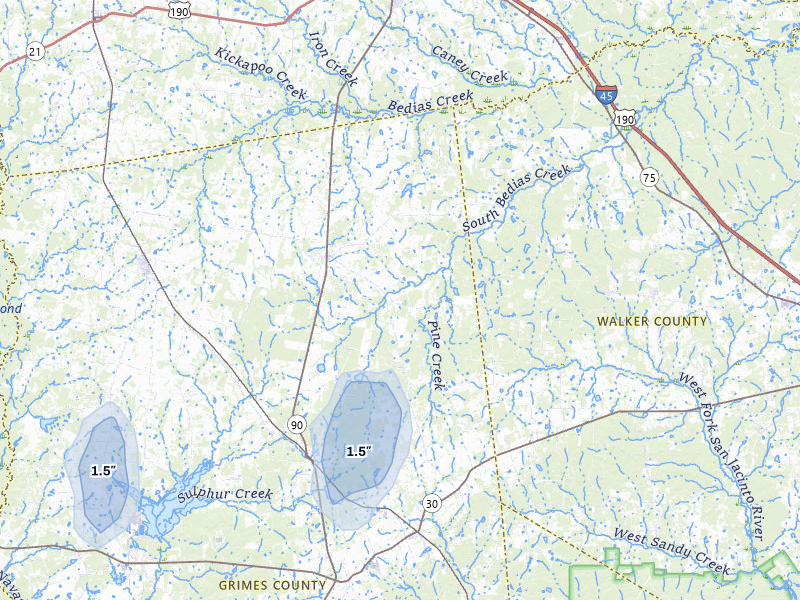 NEXRAD radar-signature map of the hail storm over Bedias, TX on May 25, 2026