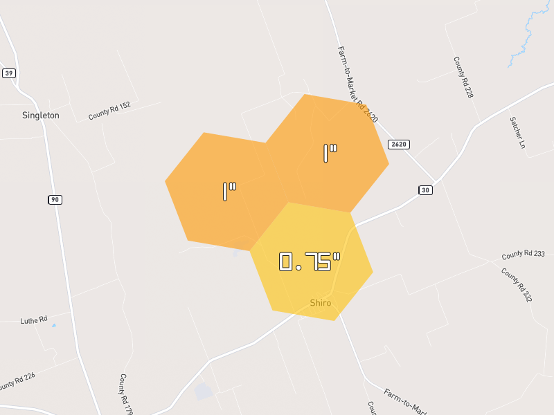 Hail map of Bedias, TX on Jul 7, 2026, hail up to 1"