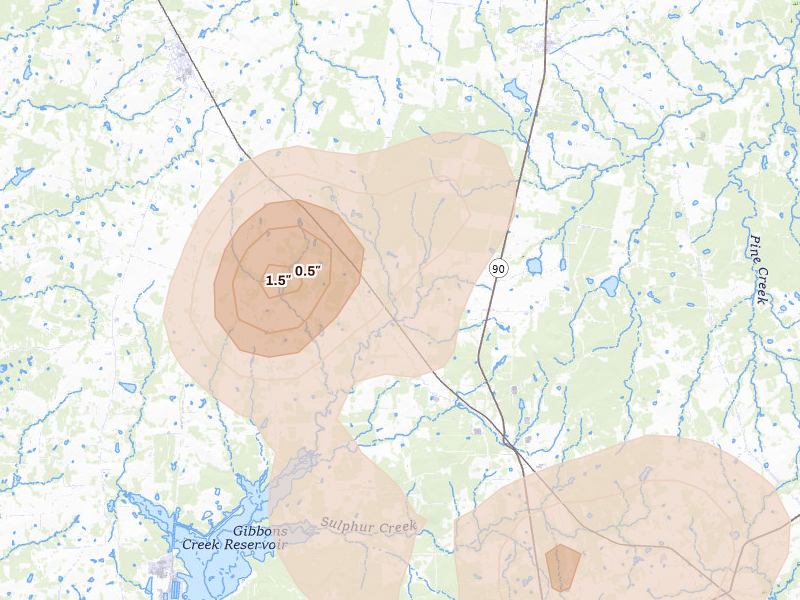Radar-estimated hail-size map of the storm over Bedias, TX on Aug 28, 2026