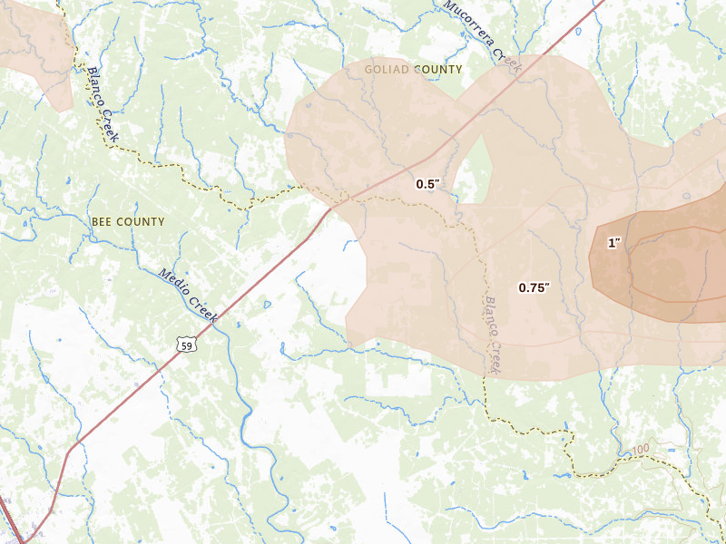 Radar-estimated hail-size map of the storm over Beeville, TX on May 1, 2026