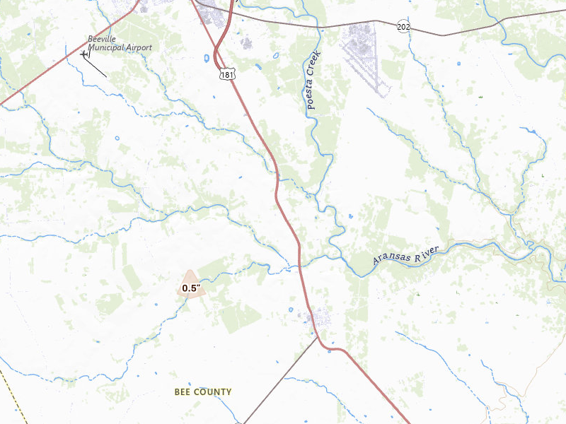 Radar-estimated hail-size map of the storm over Beeville, TX on May 19, 2026