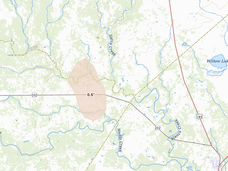 Radar-estimated hail-size map of the storm over Beeville, TX on May 23, 2026