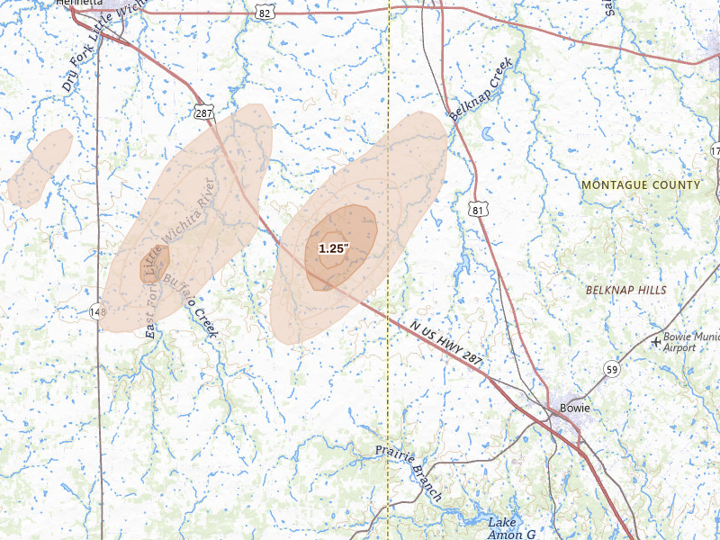 Radar-estimated hail-size map of the storm over Bellevue, TX on Mar 6, 2026