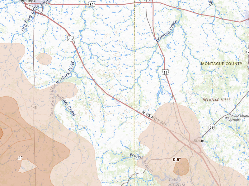 Radar-estimated hail-size map of the storm over Bellevue, TX on Apr 25, 2026