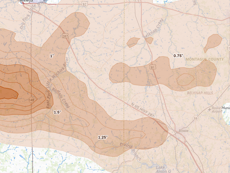 Radar-estimated hail-size map of the storm over Bellevue, TX on Apr 28, 2026