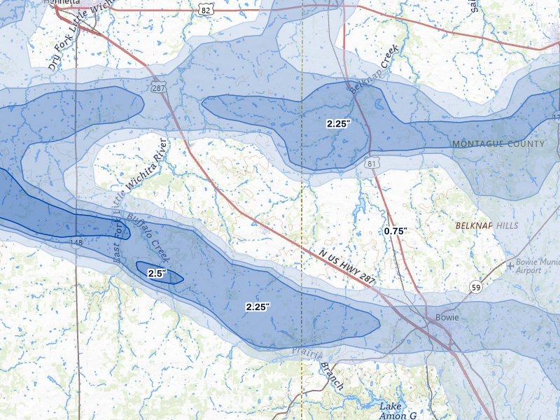 NEXRAD radar-signature map of the hail storm over Bellevue, TX on Apr 28, 2026