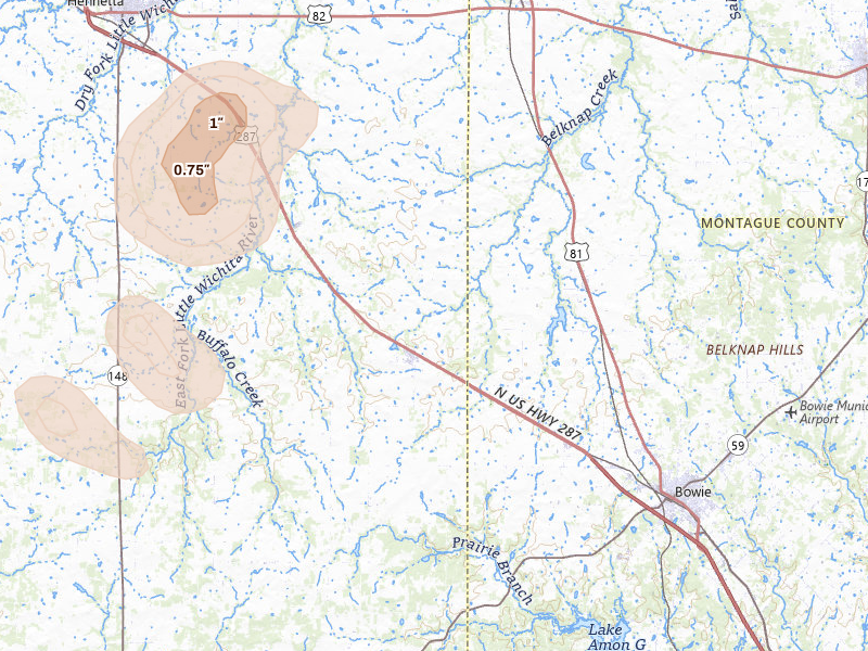 Radar-estimated hail-size map of the storm over Bellevue, TX on Jul 5, 2026