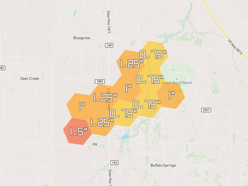 Hail map of Bellevue, TX on Jul 5, 2026, hail up to 1.5"