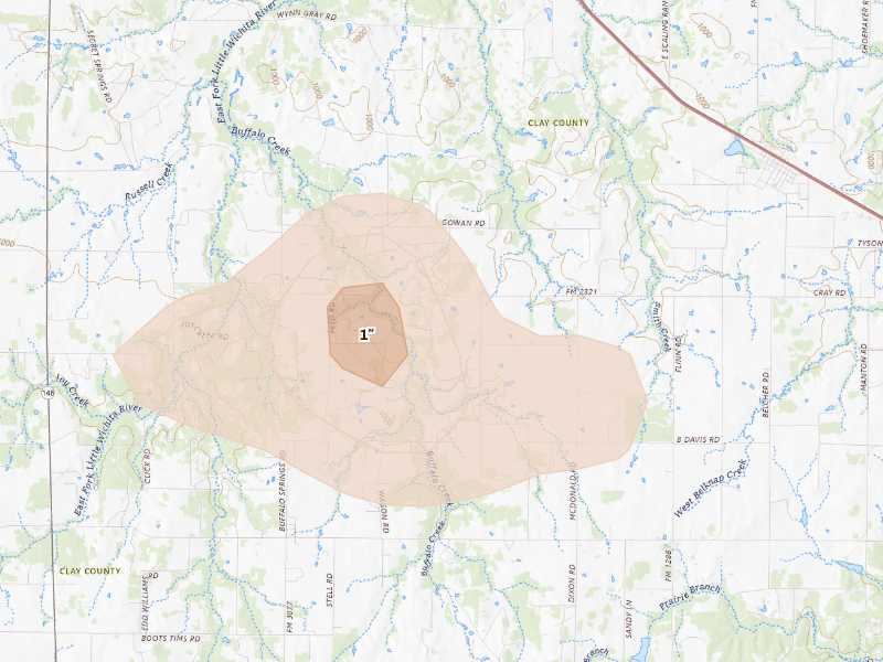 Radar-estimated hail-size map of the storm over Bellevue, TX