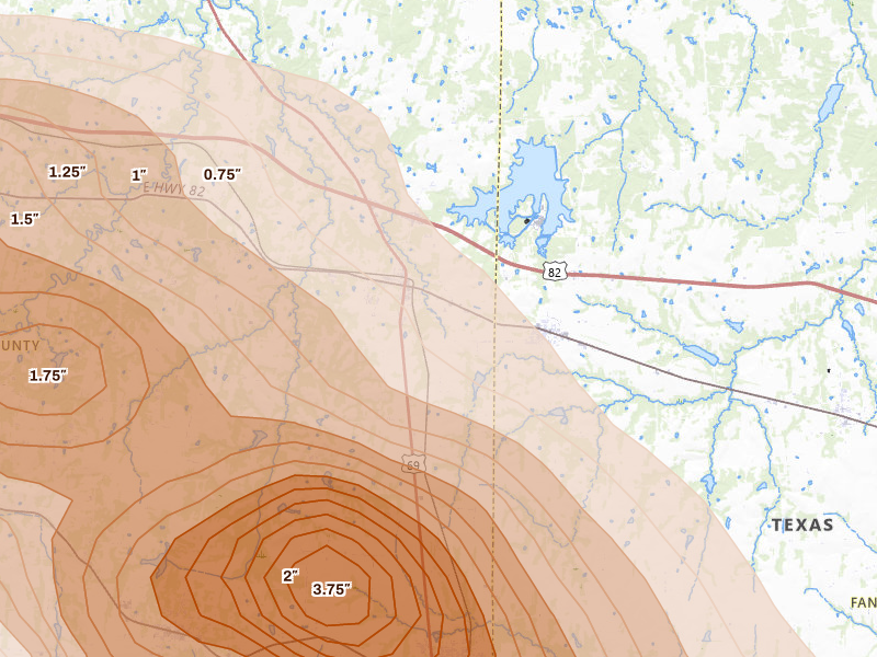 Radar-estimated hail-size map of the storm over Bells, TX on Apr 25, 2026