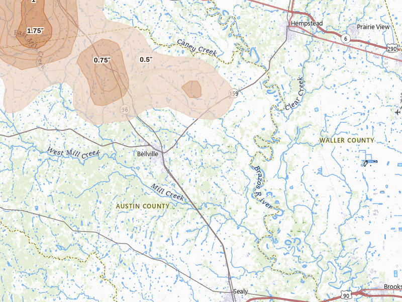 Radar-estimated hail-size map of the storm over Bellville, TX on May 10, 2026