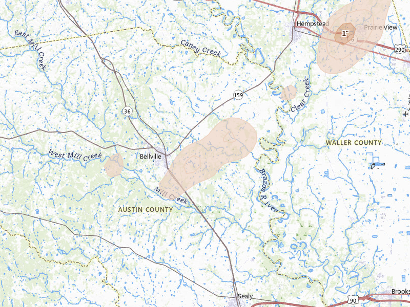 Radar-estimated hail-size map of the storm over Bellville, TX on Jun 2, 2026