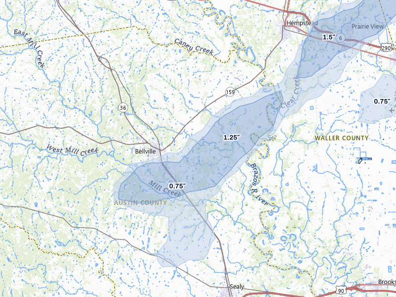 NEXRAD radar-signature map of the hail over Bellville, TX
