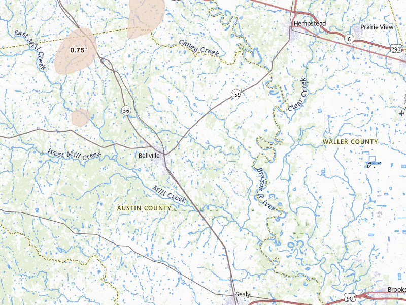 Radar-estimated hail-size map of the storm over Bellville, TX on Jun 19, 2026