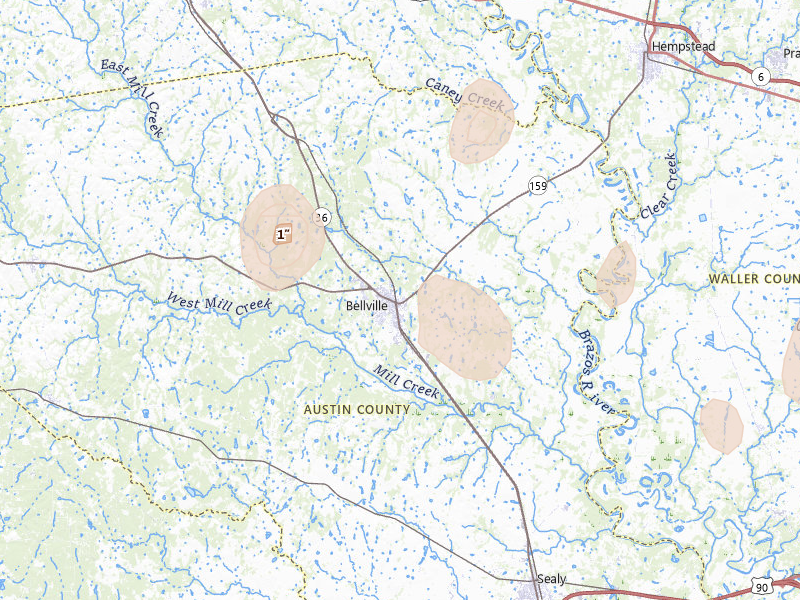 Radar-estimated hail-size map of the storm over Bellville, TX on Aug 28, 2026