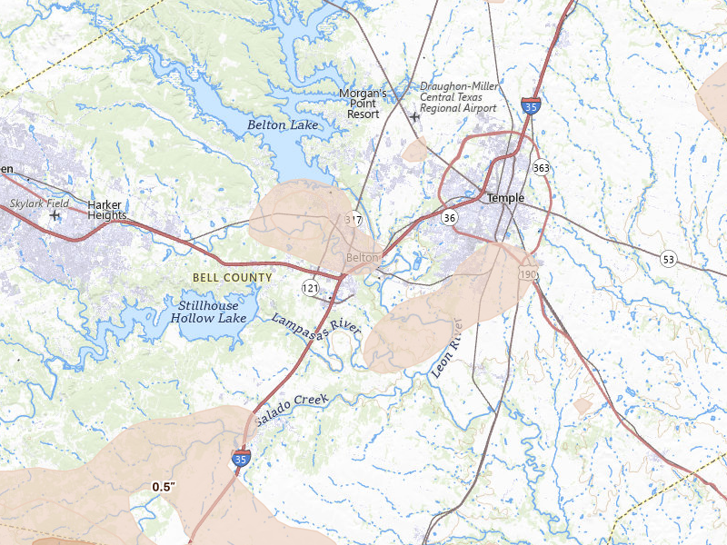 Radar-estimated hail-size map of the storm over Belton, TX on May 19, 2026