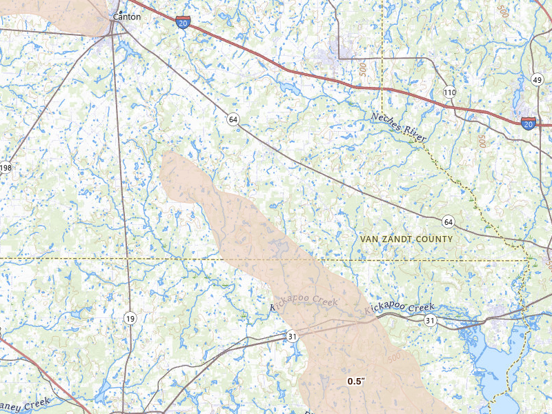 Radar-estimated hail-size map of the storm over Ben Wheeler, TX on Apr 24, 2026