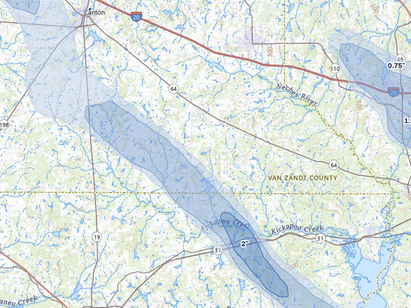 NEXRAD radar-signature map of the hail over Ben Wheeler, TX