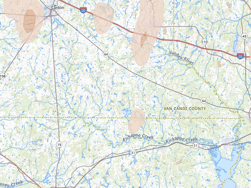 Radar-estimated hail-size map of the storm over Ben Wheeler, TX on May 22, 2026