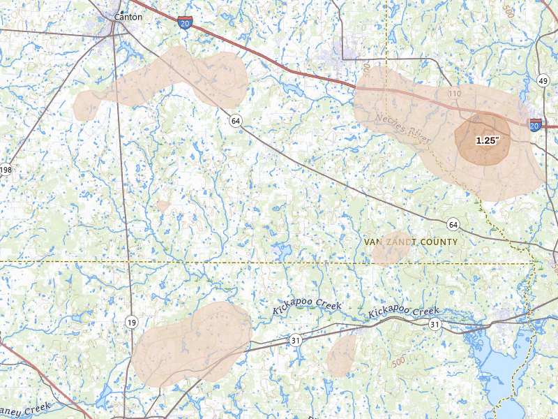 Radar-estimated hail-size map of the storm over Ben Wheeler, TX on Jun 2, 2026