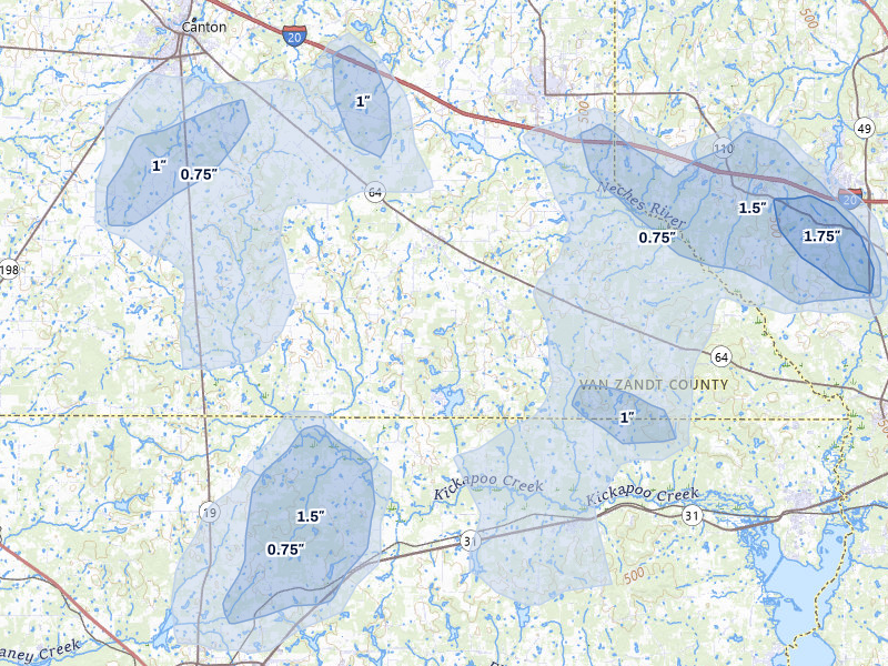 NEXRAD radar-signature map of the hail over Ben Wheeler, TX
