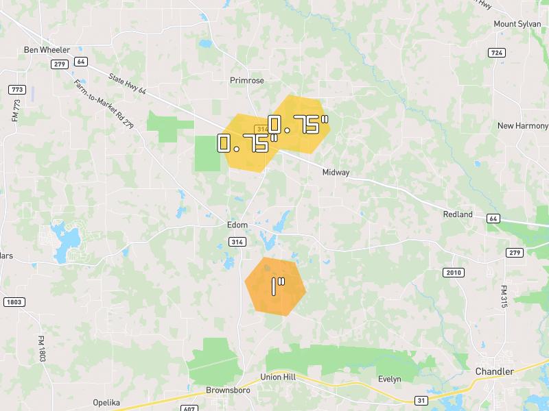 Hail map of Ben Wheeler, TX on Jun 2, 2026, hail up to 1"