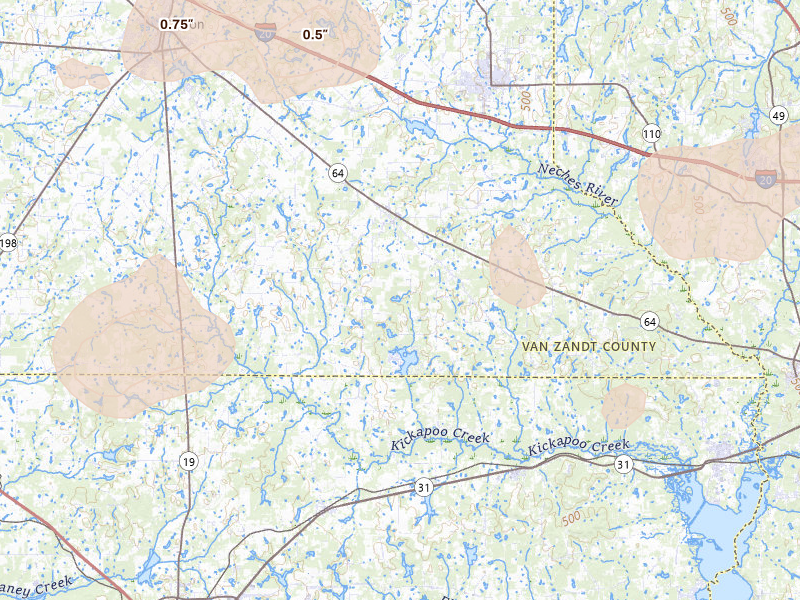 Radar-estimated hail-size map of the storm over Ben Wheeler, TX on Jul 5, 2026