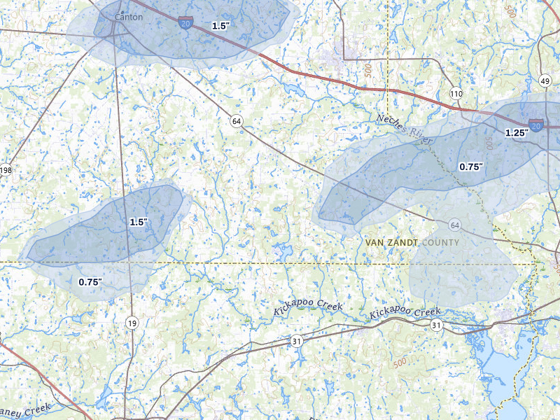 NEXRAD radar-signature map of the hail storm over Ben Wheeler, TX on Jul 5, 2026