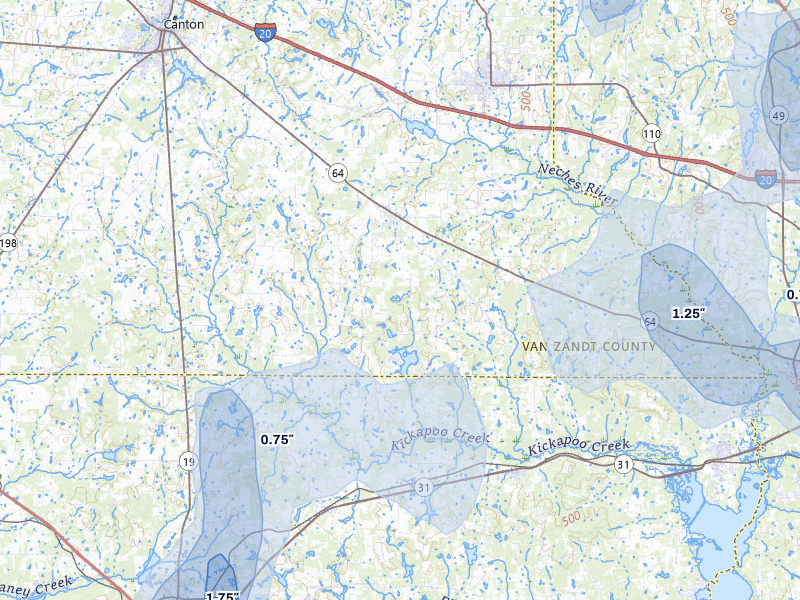 NEXRAD radar-signature map of the hail storm over Ben Wheeler, TX on Jul 7, 2026