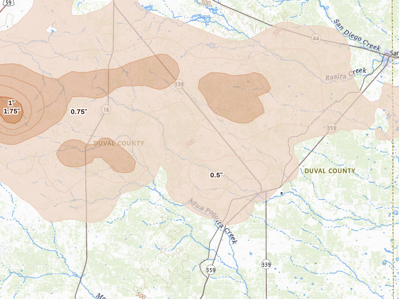 Radar-estimated hail-size map of the storm over Benavides, TX on May 26, 2026