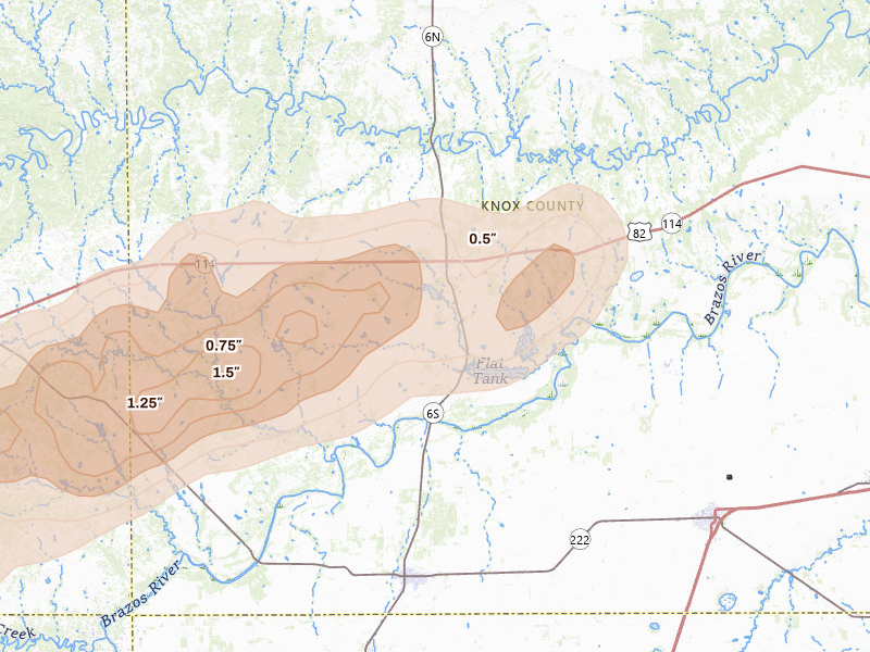 Radar-estimated hail-size map of the storm over Benjamin, TX on Apr 27, 2026
