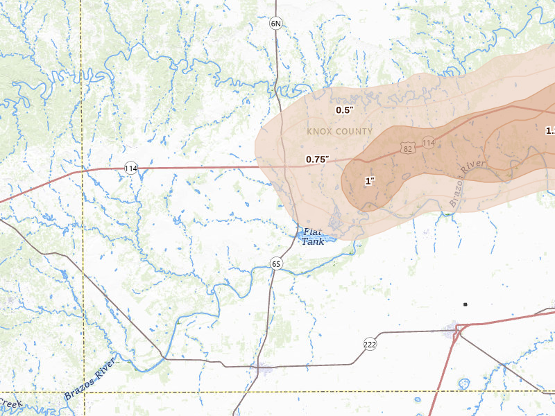 Radar-estimated hail-size map of the storm over Benjamin, TX on Apr 28, 2026