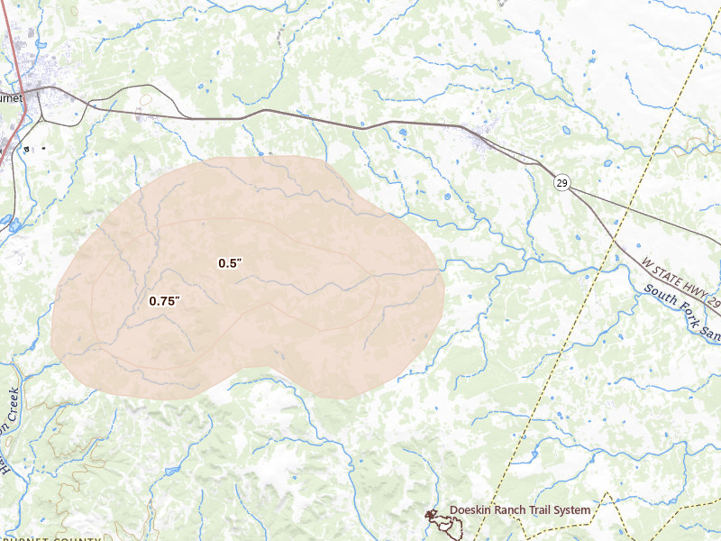 Radar-estimated hail-size map of the storm over Bertram, TX on May 10, 2026