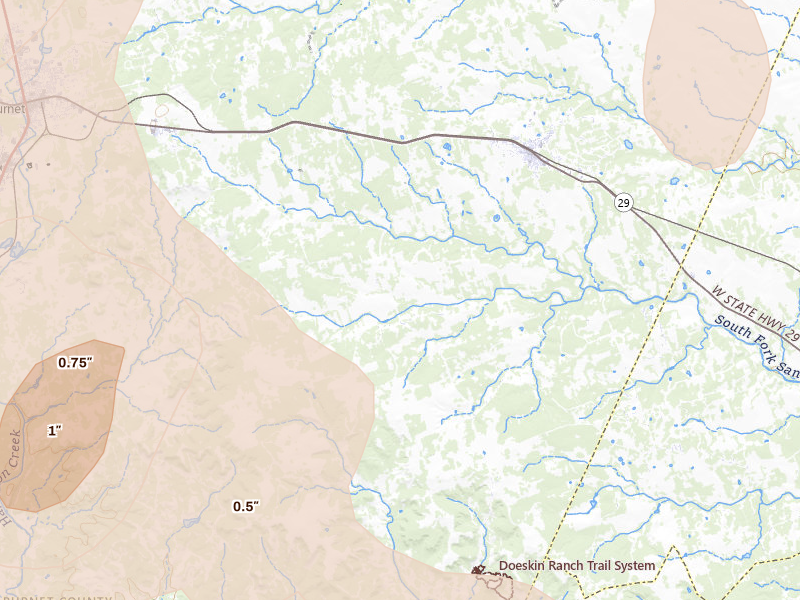 Radar-estimated hail-size map of the storm over Bertram, TX on May 19, 2026
