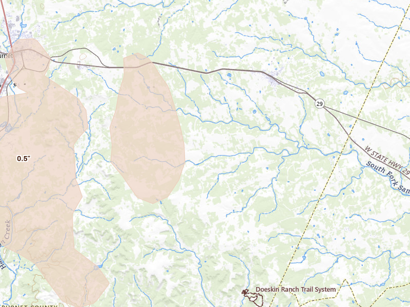 Radar-estimated hail-size map of the storm over Bertram, TX on May 26, 2026