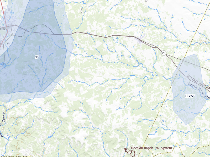 NEXRAD radar-signature map of the hail storm over Bertram, TX on May 26, 2026
