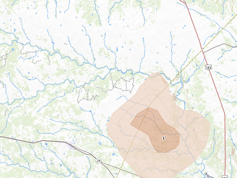 Radar-estimated hail-size map of the storm over Bertram, TX on Aug 27, 2026