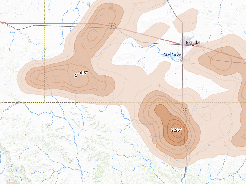 Radar-estimated hail-size map of the storm over Big Lake, TX on May 10, 2026