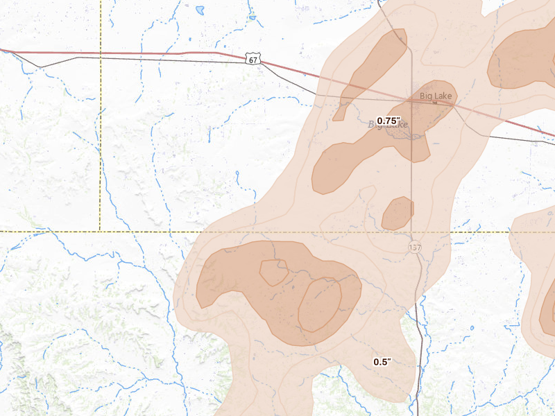 Radar-estimated hail-size map of the storm over Big Lake, TX on May 19, 2026