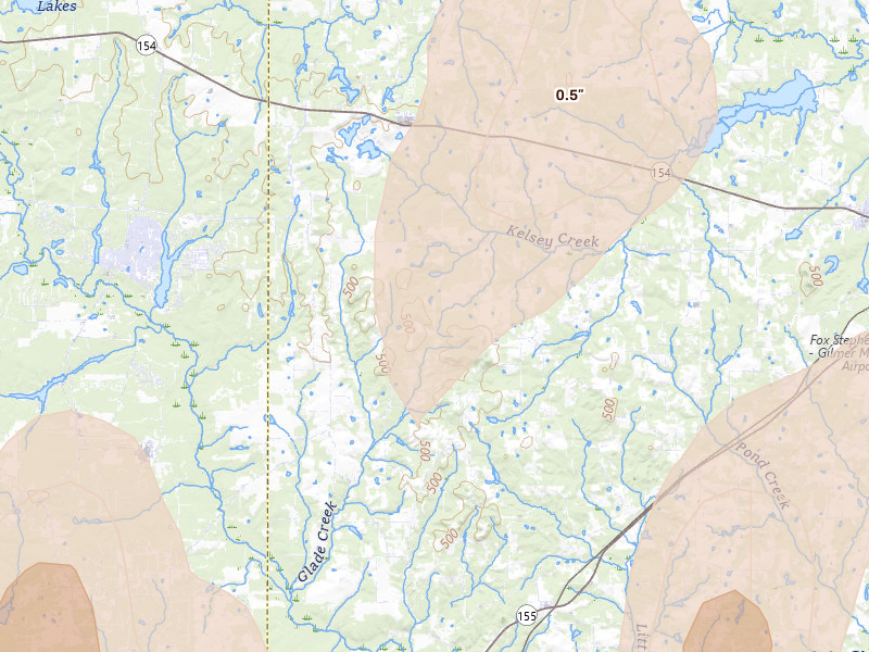 Radar-estimated hail-size map of the storm over Big Sandy, TX on May 22, 2026