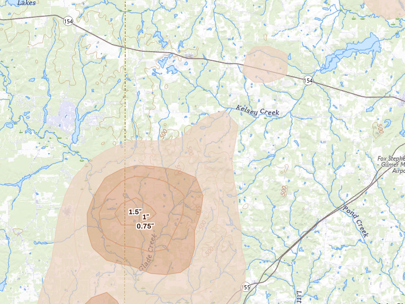Radar-estimated hail-size map of the storm over Big Sandy, TX on Jul 6, 2026