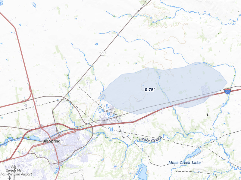 NEXRAD radar-signature map of the hail over Big Spring, TX