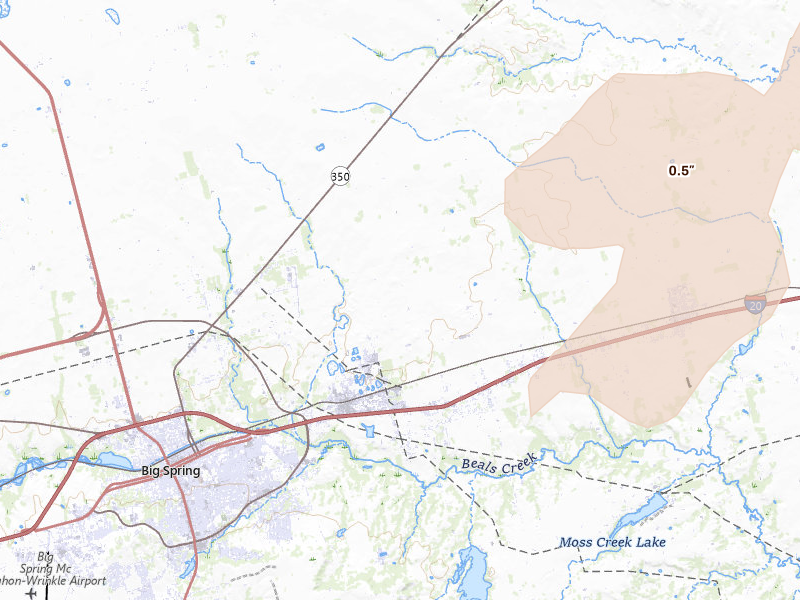 Radar-estimated hail-size map of the storm over Big Spring, TX on May 10, 2026