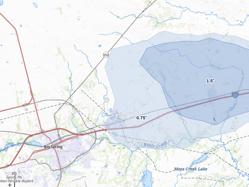 NEXRAD radar-signature map of the hail storm over Big Spring, TX on May 10, 2026
