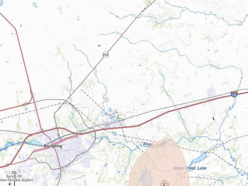 Radar-estimated hail-size map of the storm over Big Spring, TX on Jul 5, 2026