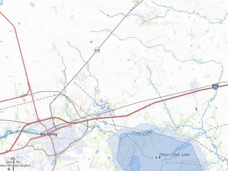 NEXRAD radar-signature map of the hail storm over Big Spring, TX on Jul 5, 2026